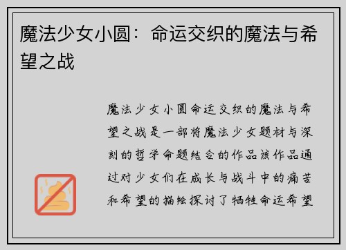 魔法少女小圆：命运交织的魔法与希望之战