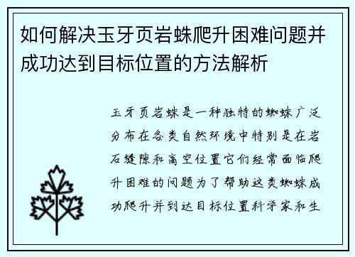 如何解决玉牙页岩蛛爬升困难问题并成功达到目标位置的方法解析 如何解决玉牙页岩蛛爬升困难问题并成功达到目标位置的方法解析